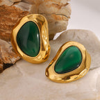 Green Resin Cabochon Stainless Steel Statement Stud Earrings — front view