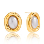 Gold Tone Pearl-Look Stainless Steel Oval Stud Earrings — close-up of the pearl-look center