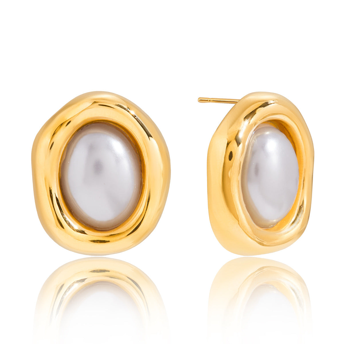Gold Tone Pearl-Look Stainless Steel Oval Stud Earrings — close-up of the pearl-look center
