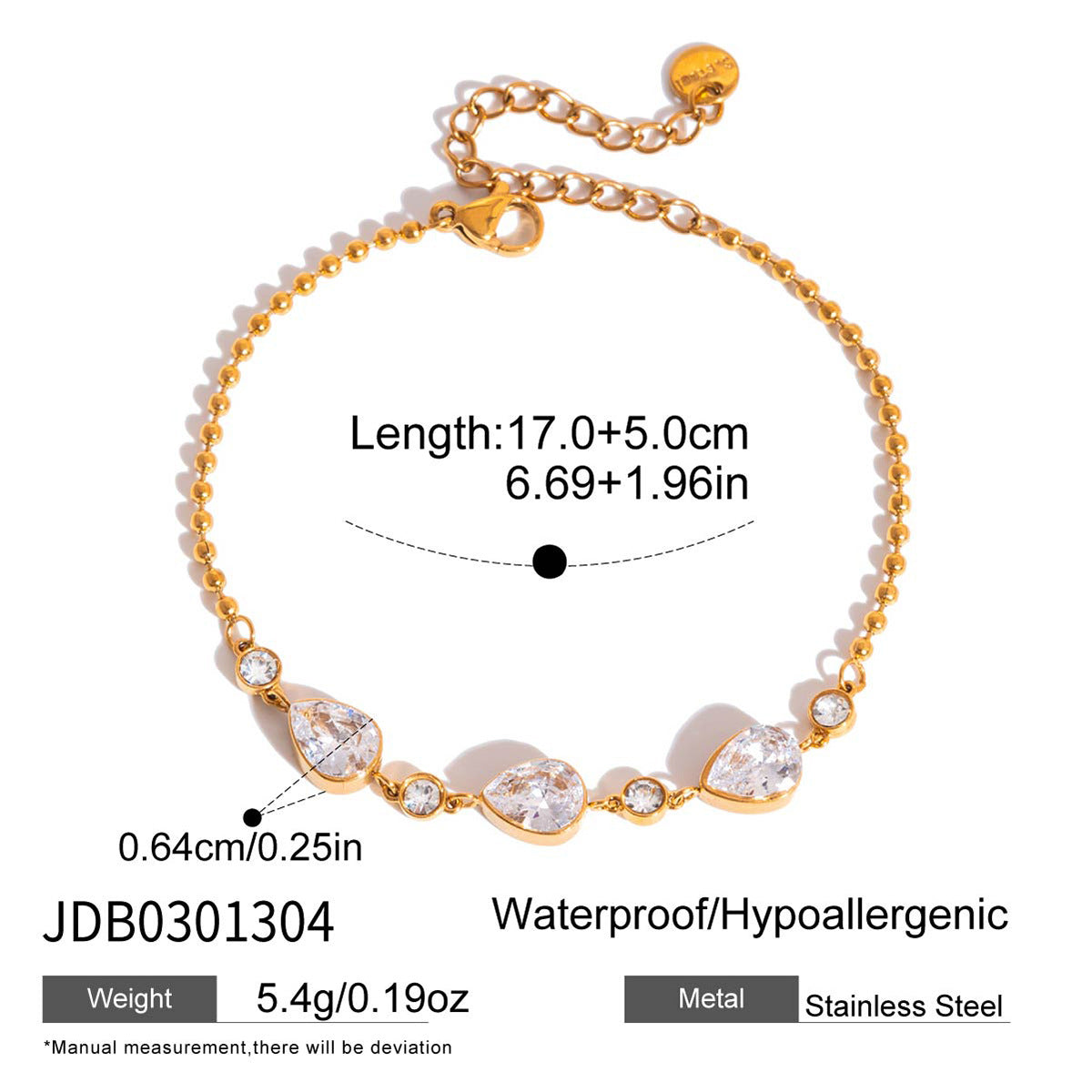 Spaced pear-shaped stone bracelet size guide