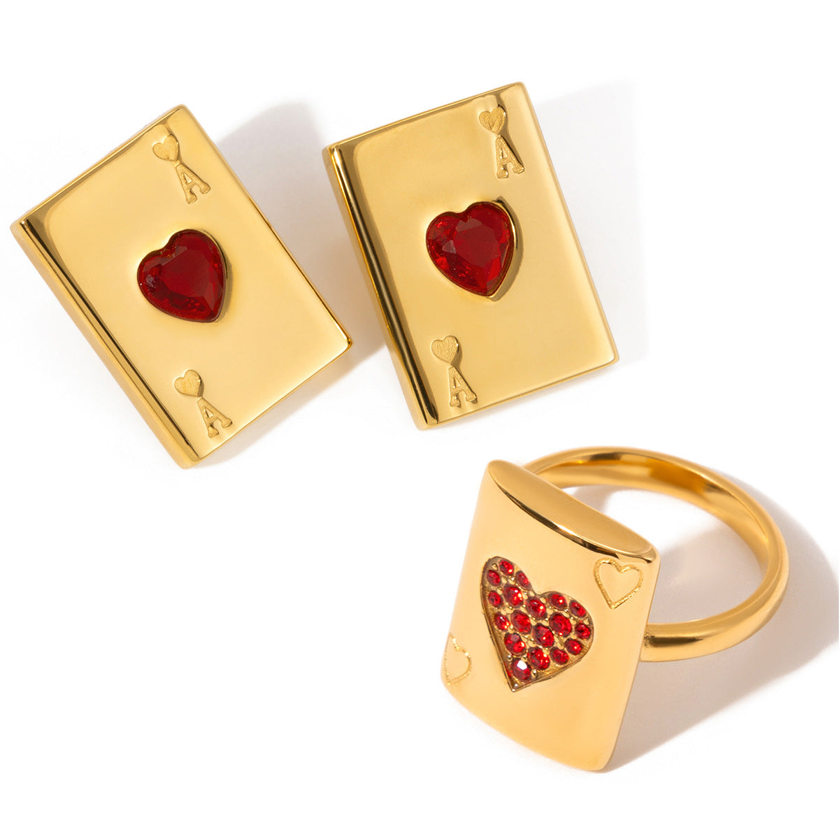 Playing Card Heart Stainless Steel Ring, Earrings and Chain Necklace — close-up of the ring face