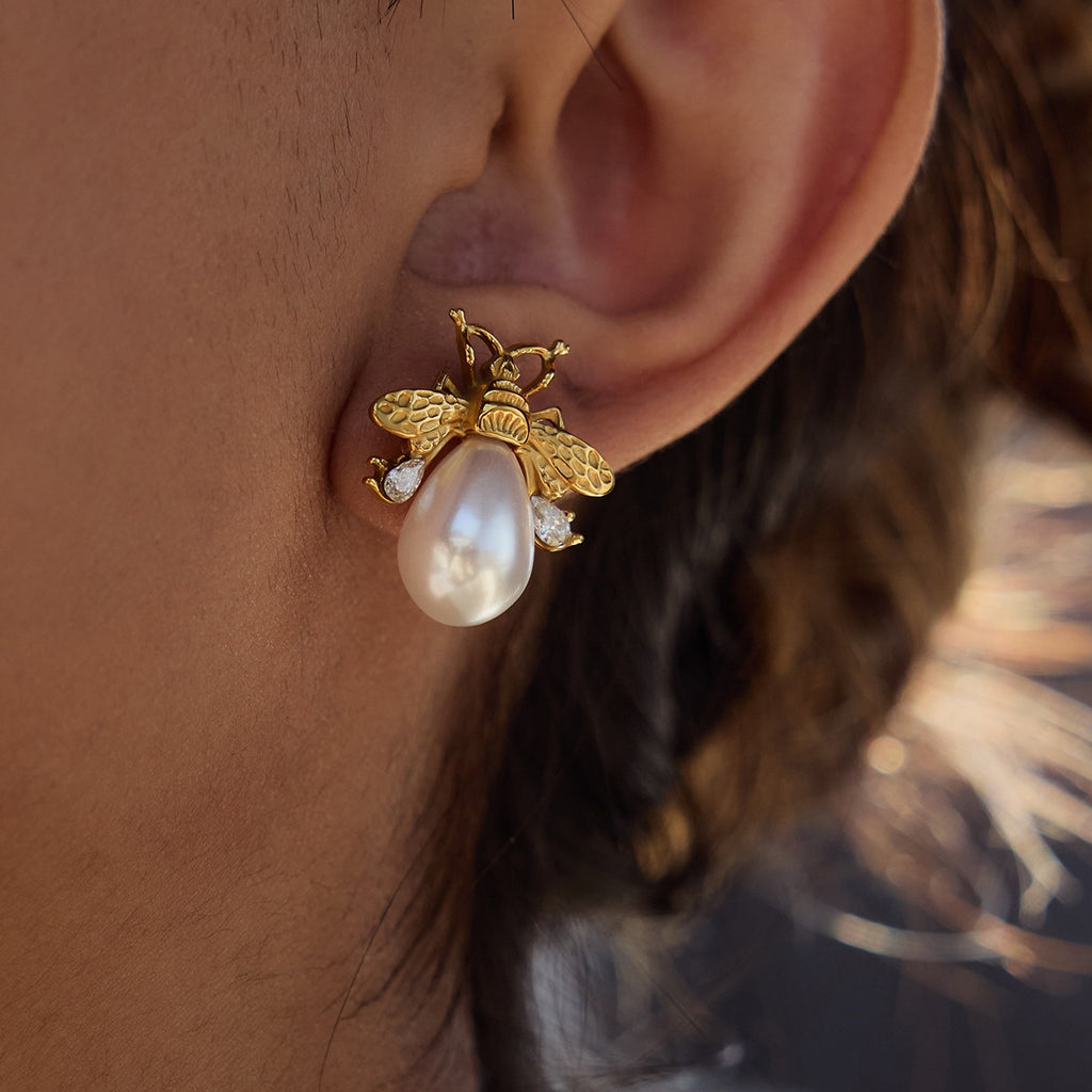 Gold-Tone Bee Pearl-Look Stainless Steel Stud Earrings – close-up view