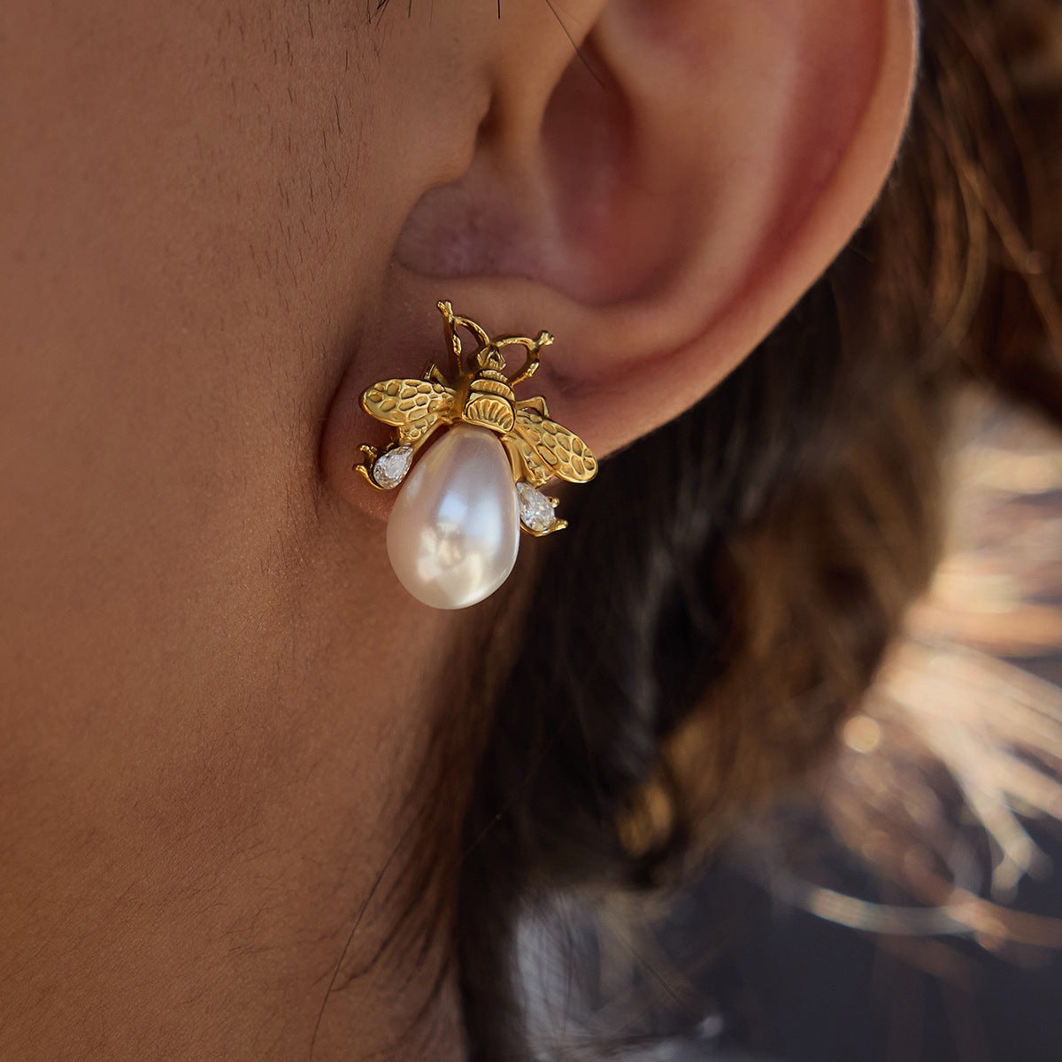 Gold-Tone Bee Pearl-Look Stainless Steel Stud Earrings – close-up view