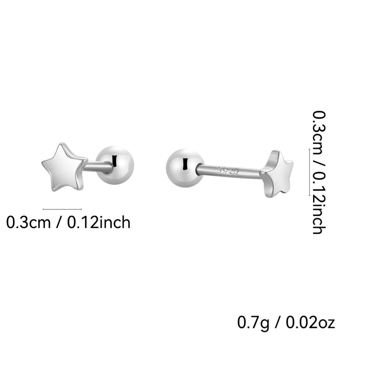 3 mm star ball-back studs with supplier-stated 0.7 g weight