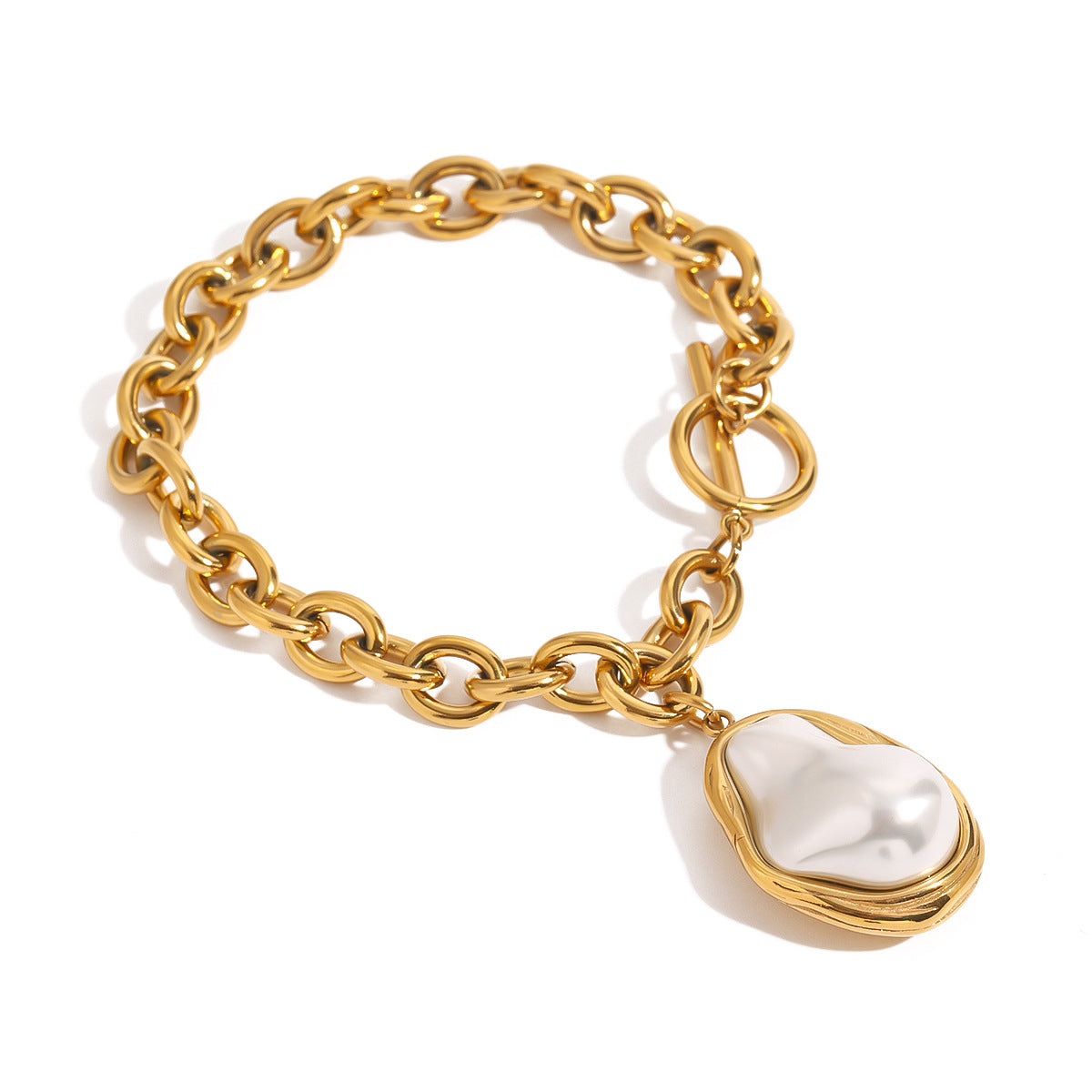 Gold Plated Stainless Steel Pearl-Look Charm Bracelet Collection – front view
