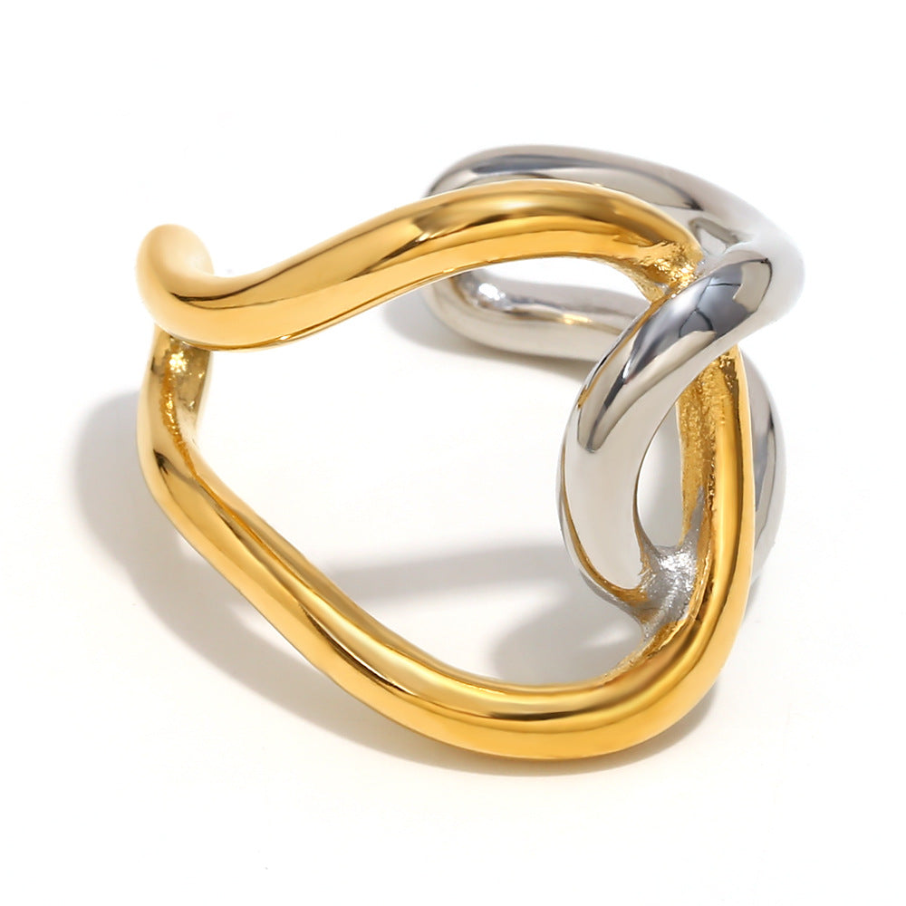 isolated stainless steel open ring with flowing two-tone loops
