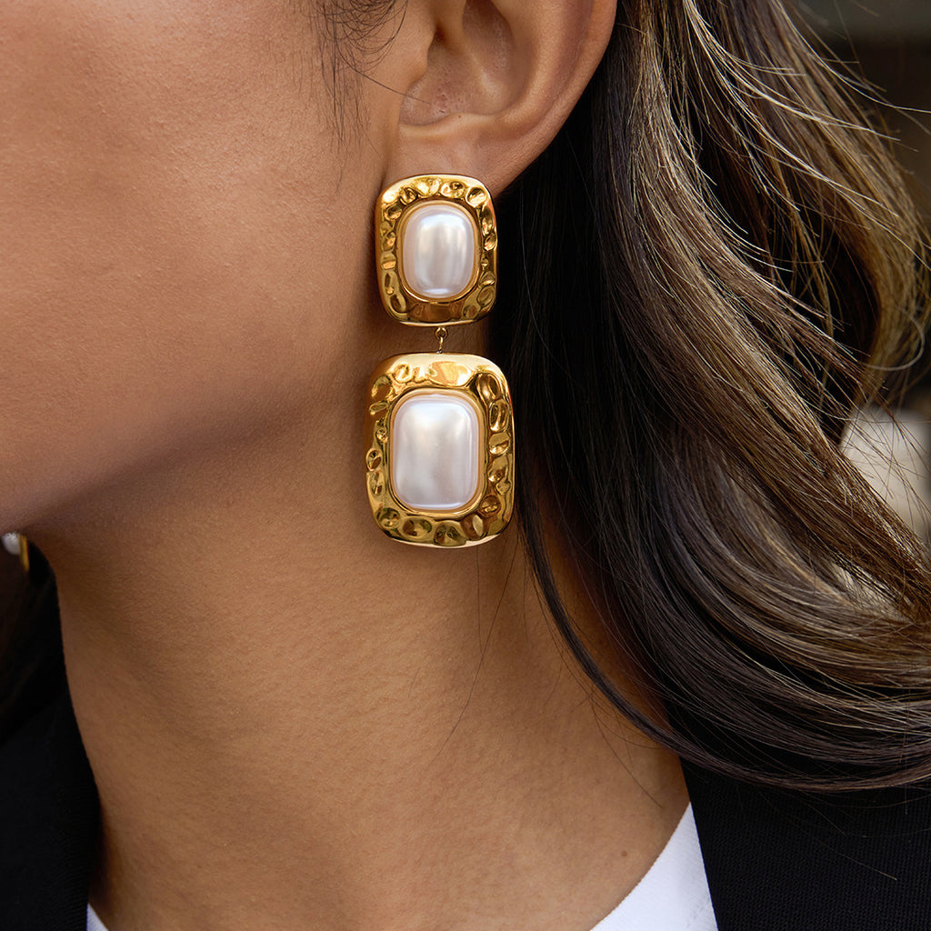 Gold Tone Pearl-Look Stainless Steel Double Drop Earrings — front view of the double drops