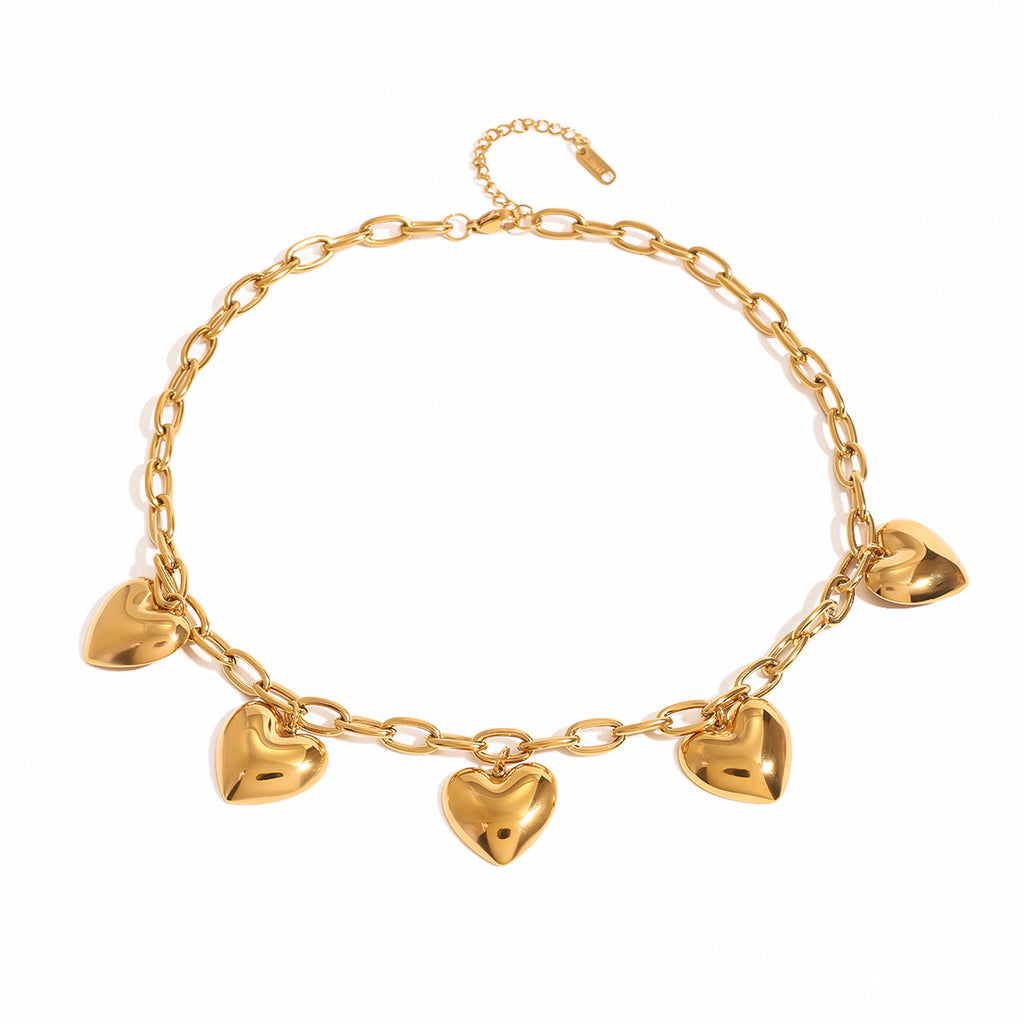 Gold-Tone Puffed Heart Stainless Steel Charm Necklace finish and shape detail