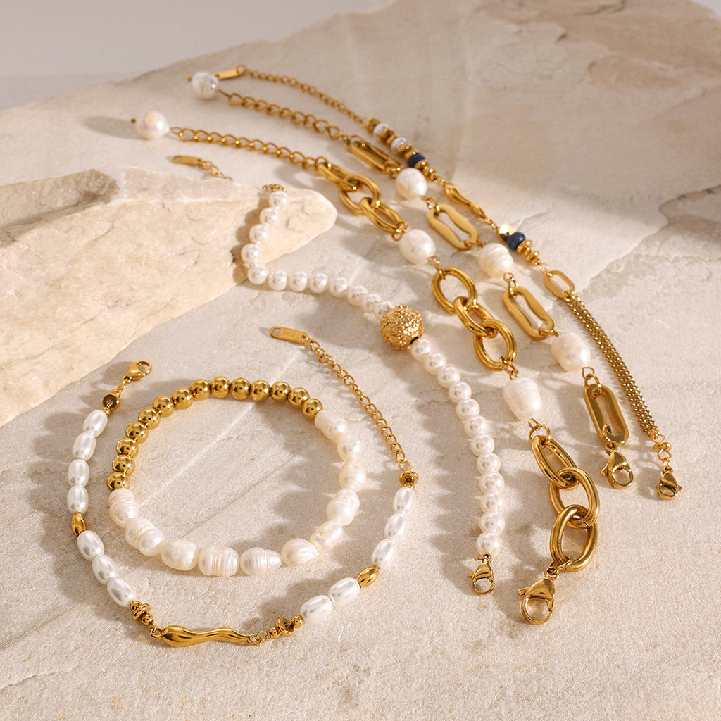 Gold Plated Pearl-Look Stainless Steel Bracelet Collection — wholesale view 3