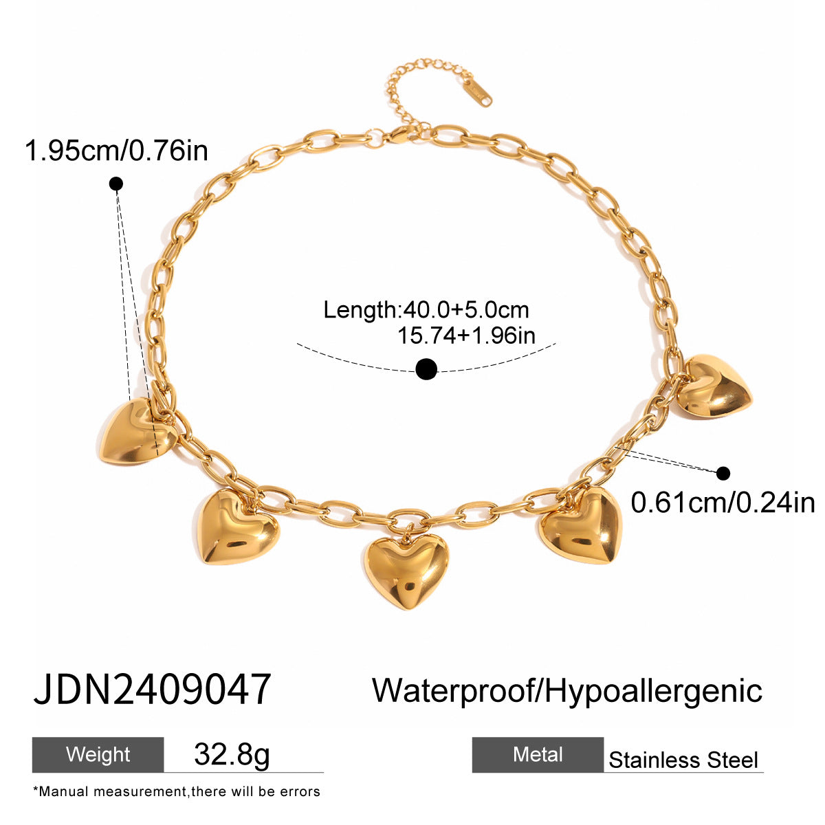 Gold-Tone Puffed Heart Stainless Steel Charm Necklace size and proportion reference