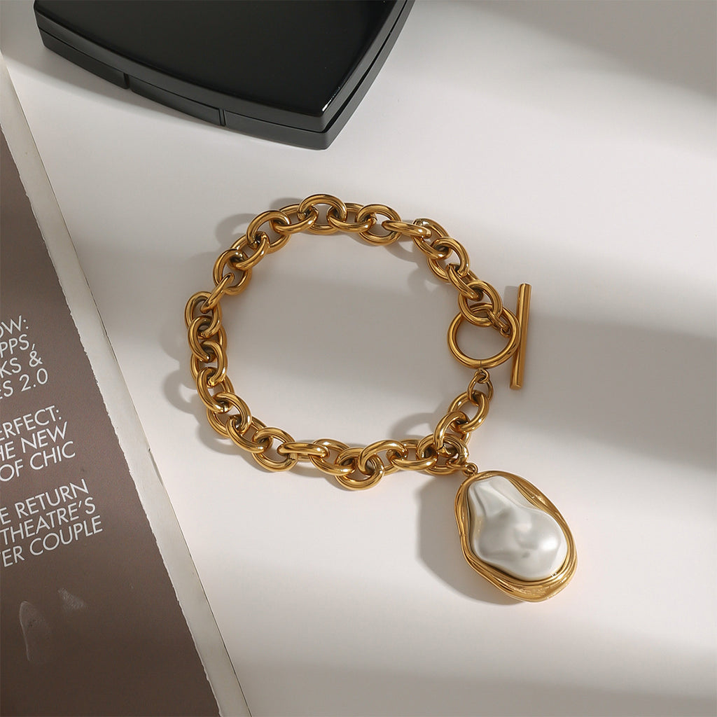 Gold Plated Stainless Steel Pearl-Look Charm Bracelet Collection – close-up view