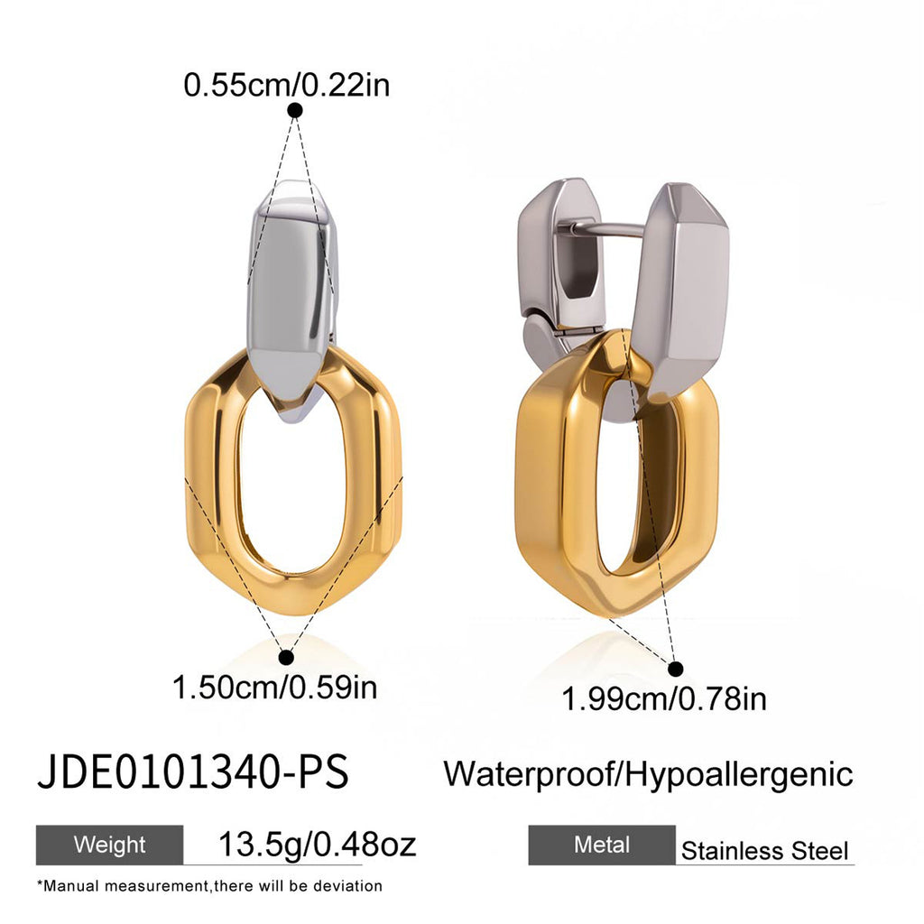 Two-tone oval link earring front and side measurements