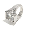 isolated silver finish rectangular clear-stone signet ring