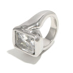 isolated silver finish rectangular clear-stone signet ring