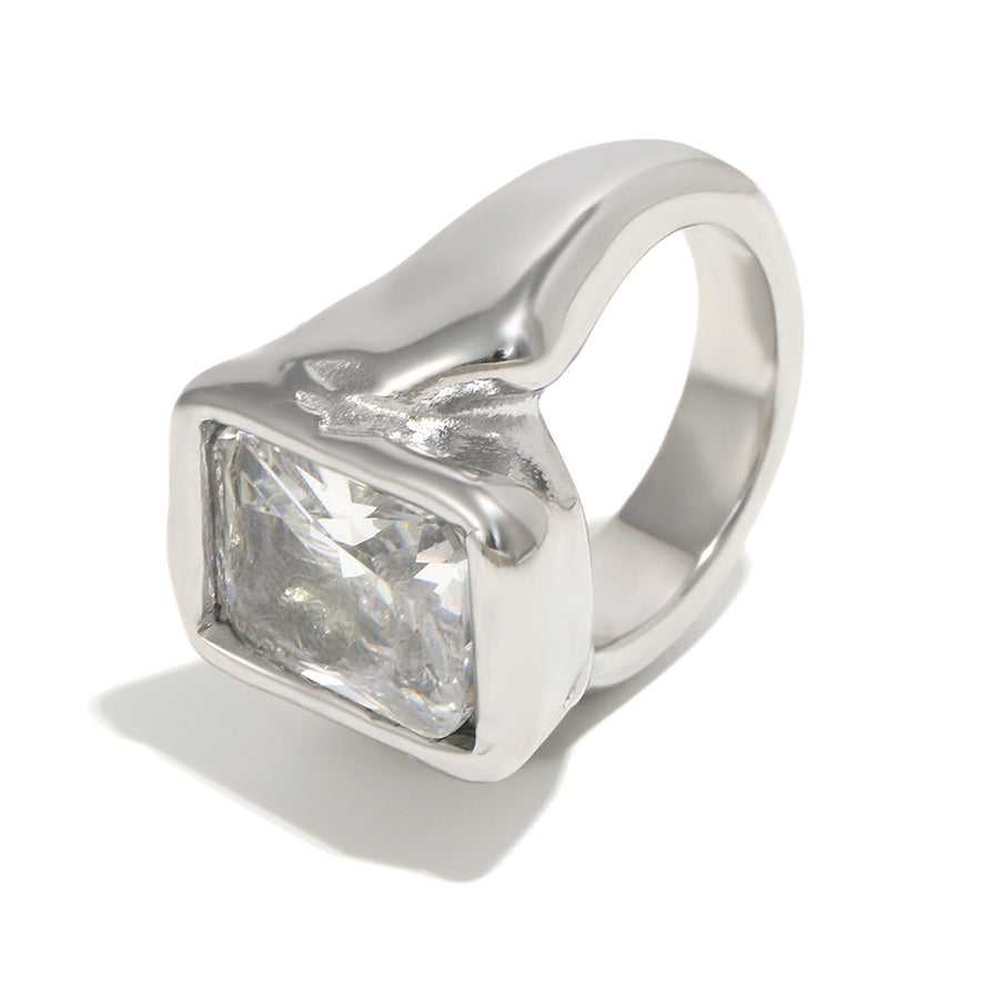 isolated silver finish rectangular clear-stone signet ring