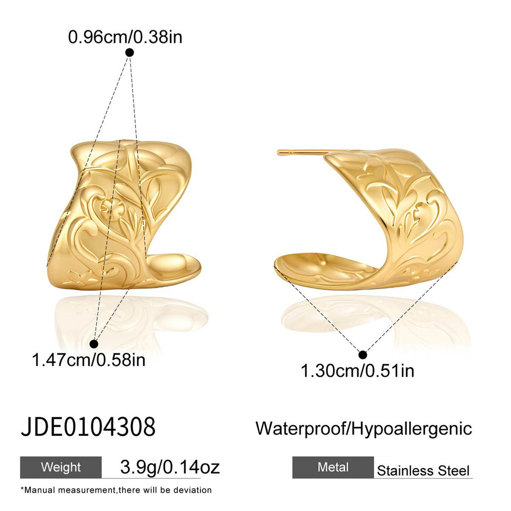 Short flared scroll earrings with size reference