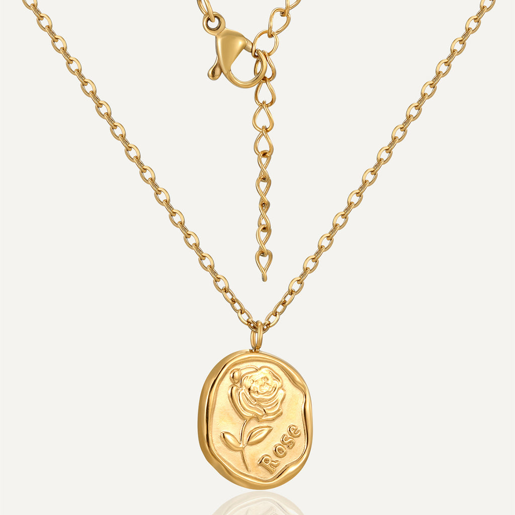 gold plated stainless steel rose medallion pendant necklace
