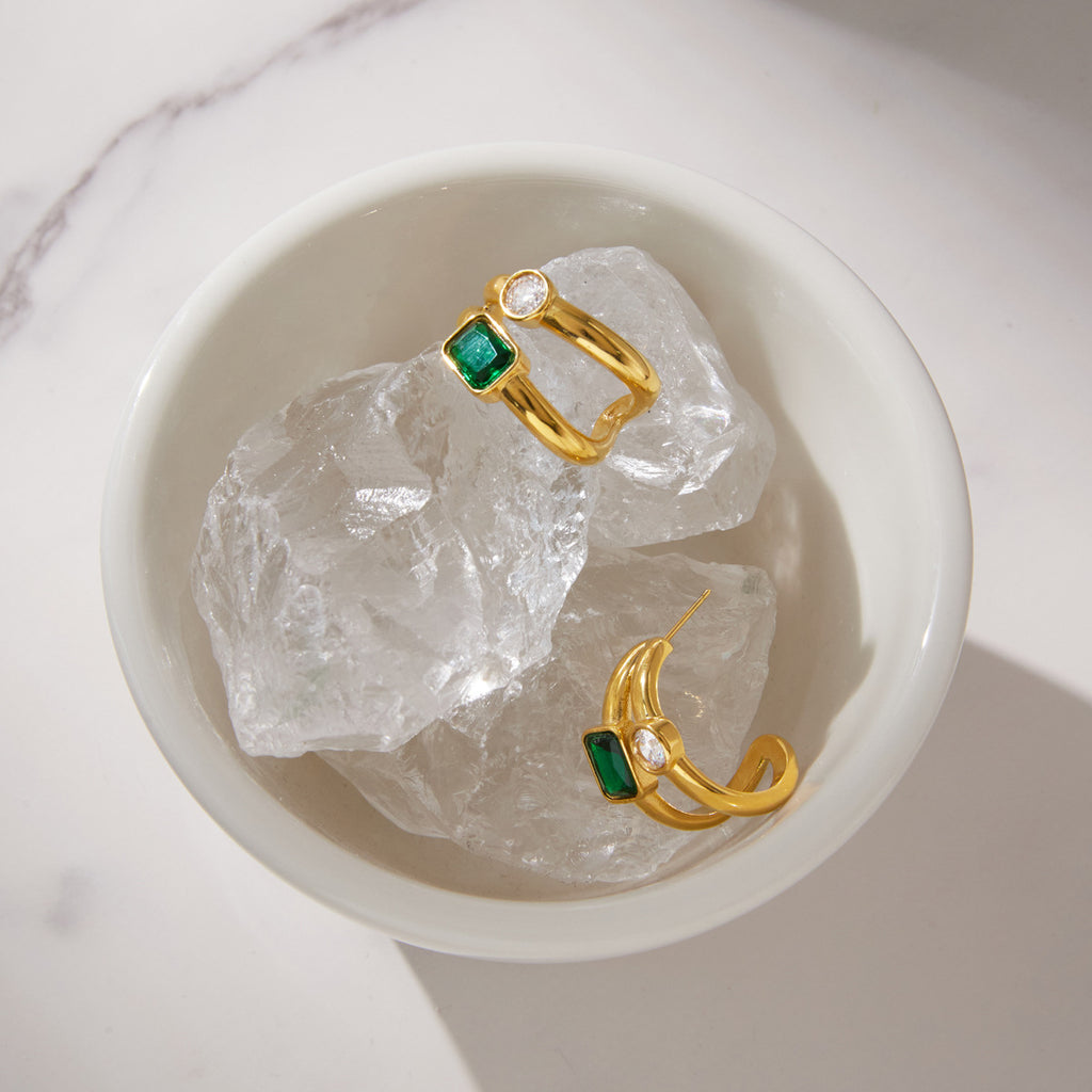 Pair of double hoop earrings with green rectangular and clear round stones