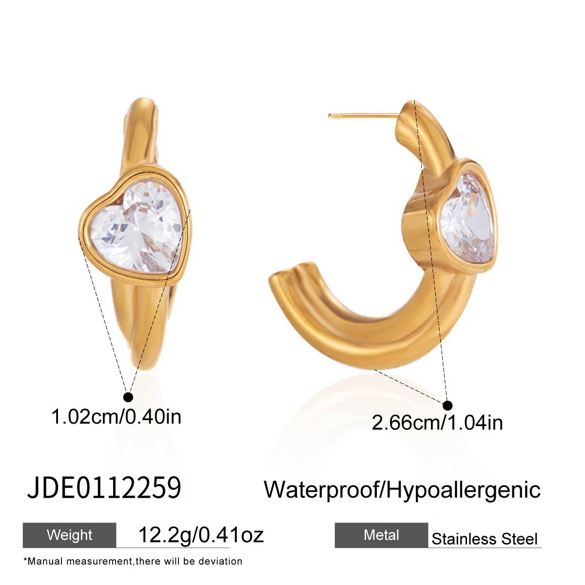Heart hoop earrings with dimensions and stainless steel material label