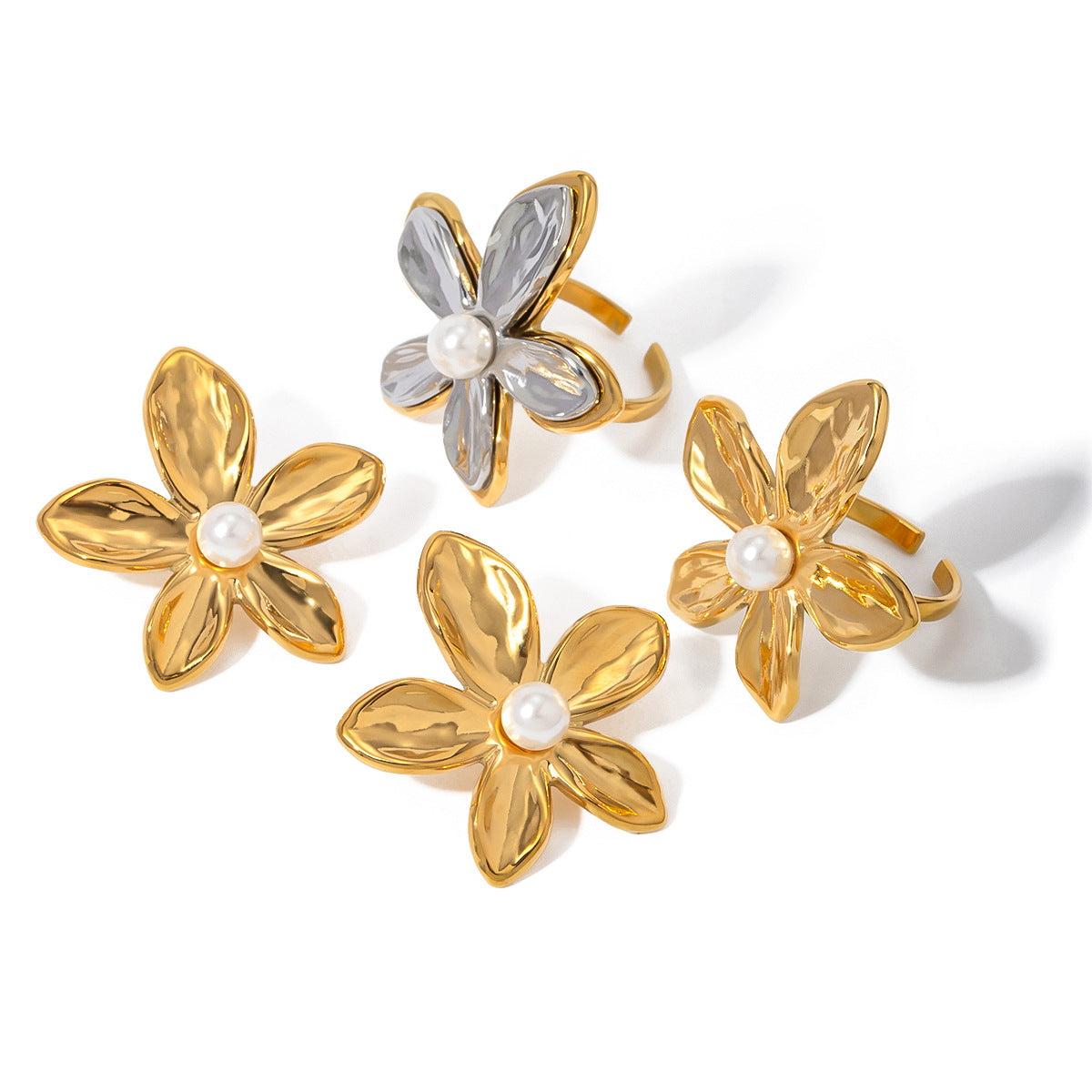 Gold-Tone Floral Stainless Steel Earrings and Rings finish and shape detail