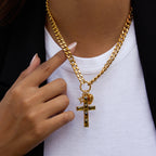 Wholesale Gold-Tone Stainless Steel Clear Stone Cross Pendant Necklace - styled view