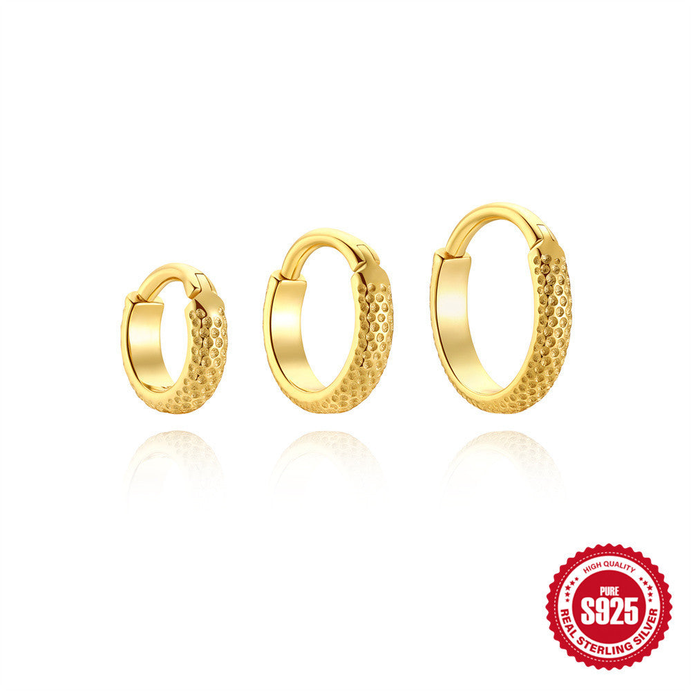 three sizes of gold plated 925 sterling silver textured huggie earrings
