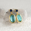 gold plated oval aqua glass and blue stone drop earrings