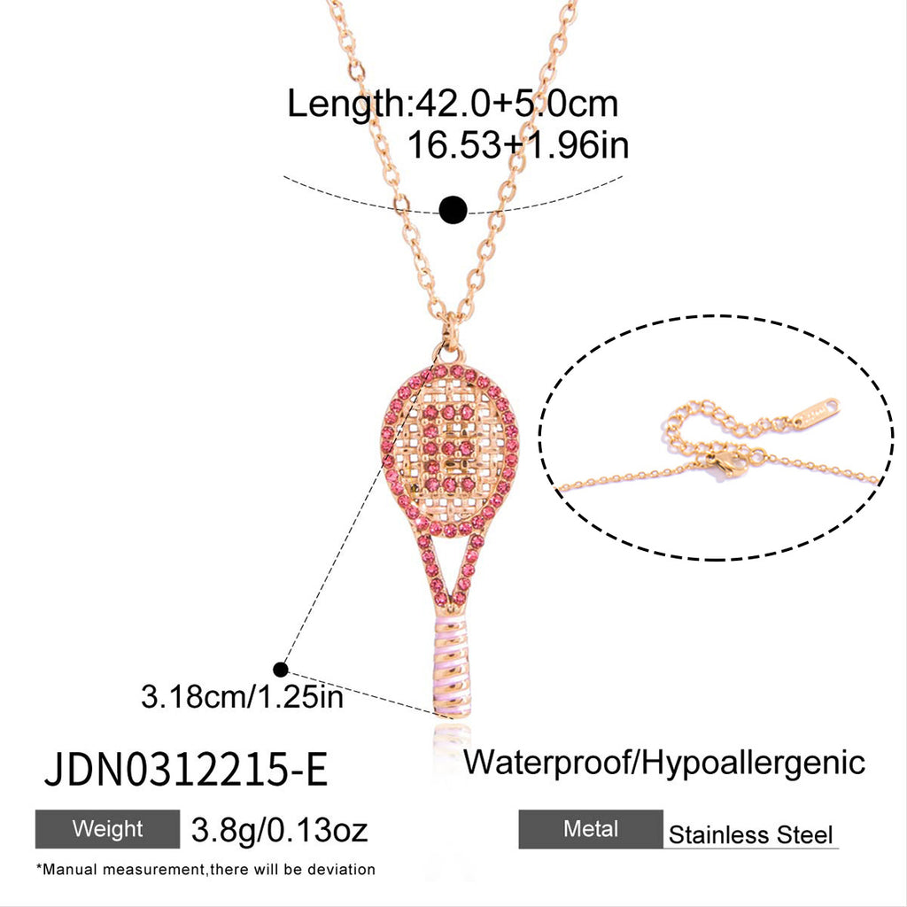 Pink-accent E tennis racket necklace