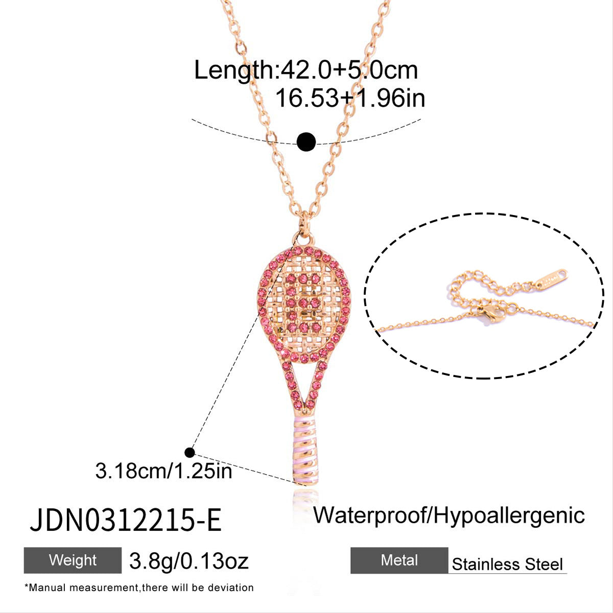 Pink-accent E tennis racket necklace