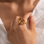 Gold Plated Stainless Steel Sculptural Circle Double-Band Open Ring — worn view