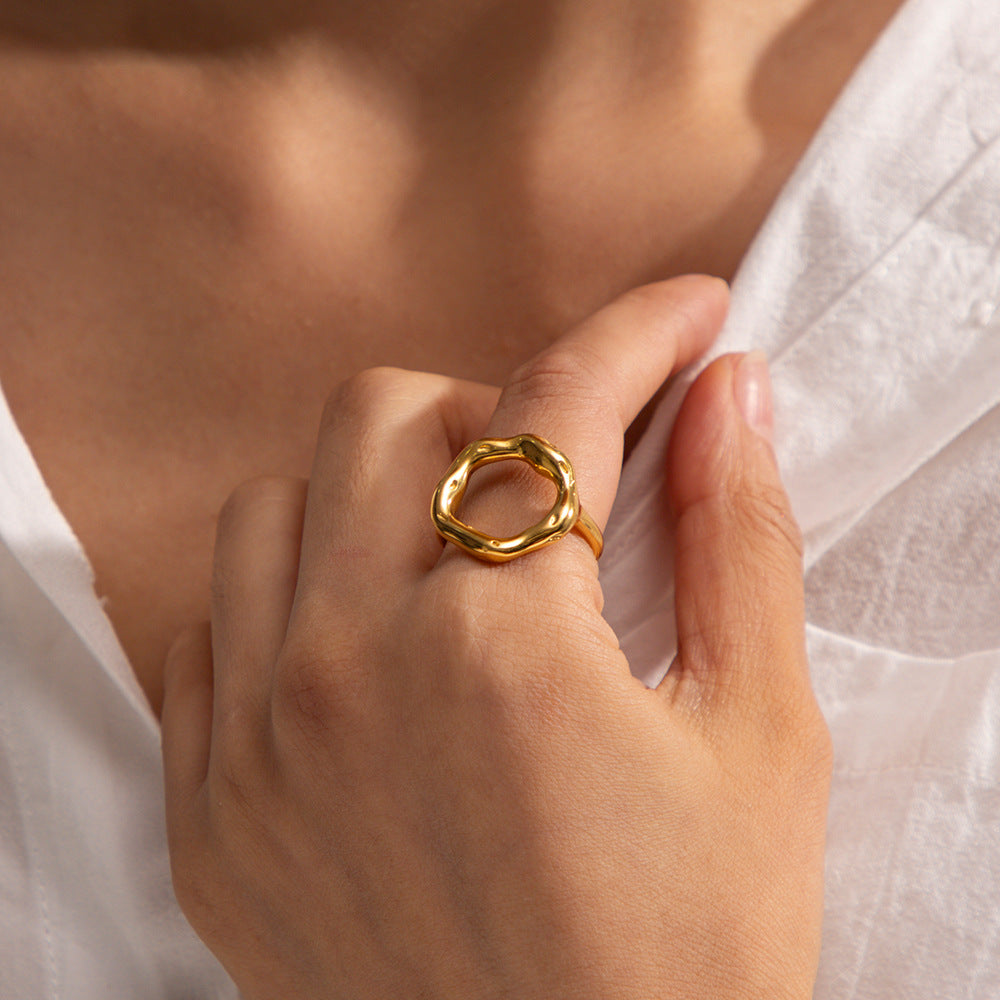 Gold Plated Stainless Steel Sculptural Circle Double-Band Open Ring — worn view