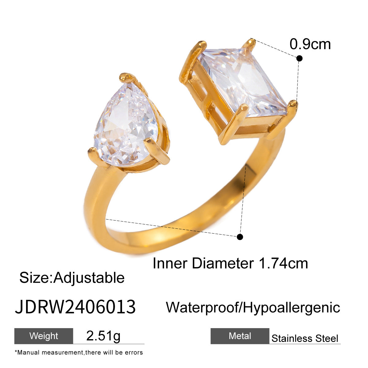 Rectangular and pear stone open ring size reference