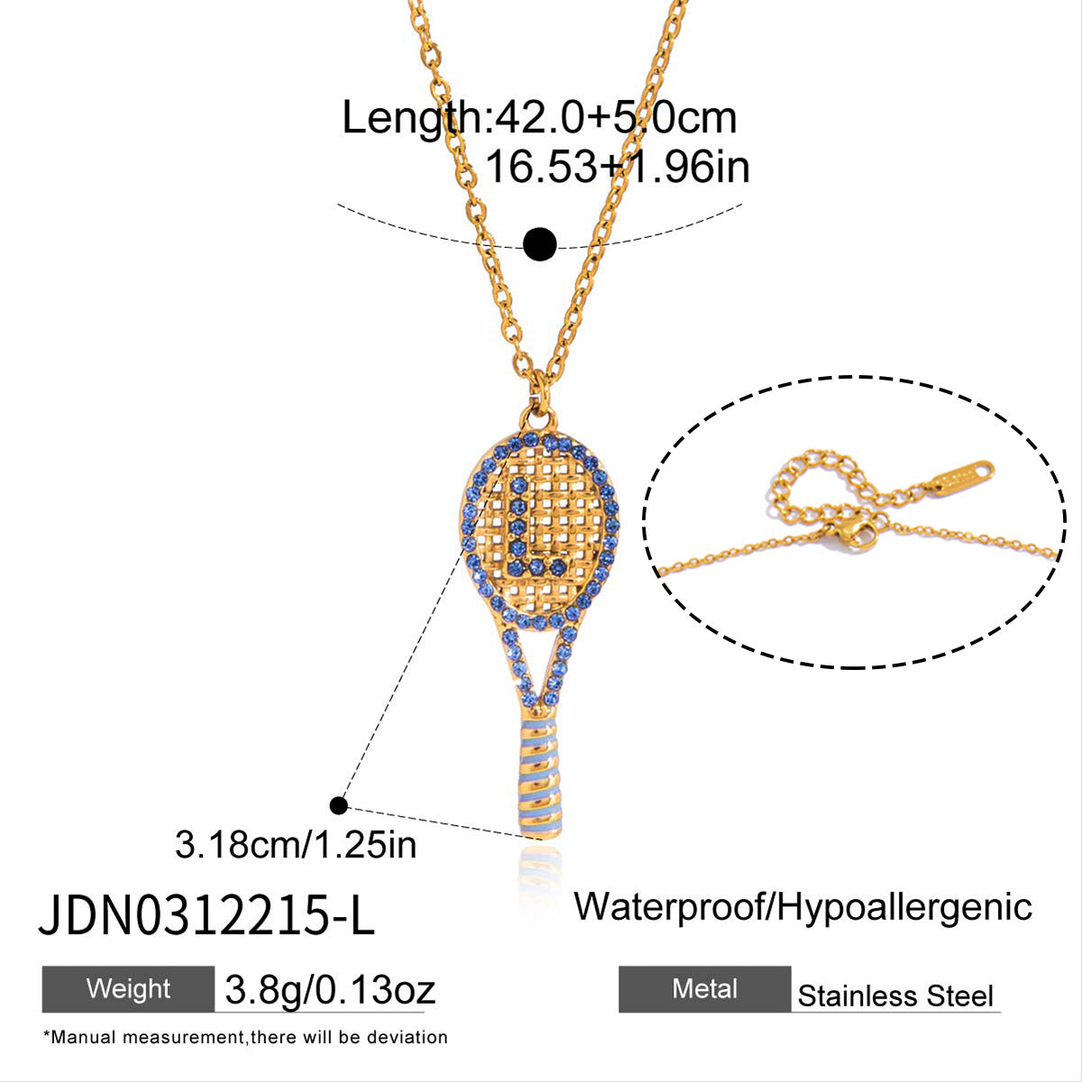 Blue-accent L racket necklace size chart