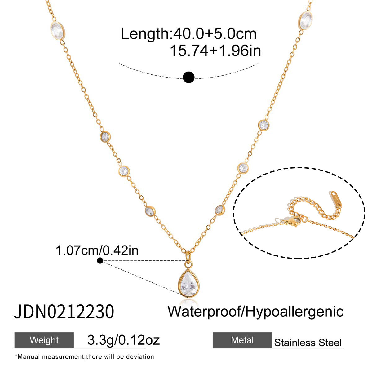 Clear teardrop pendant necklace size chart