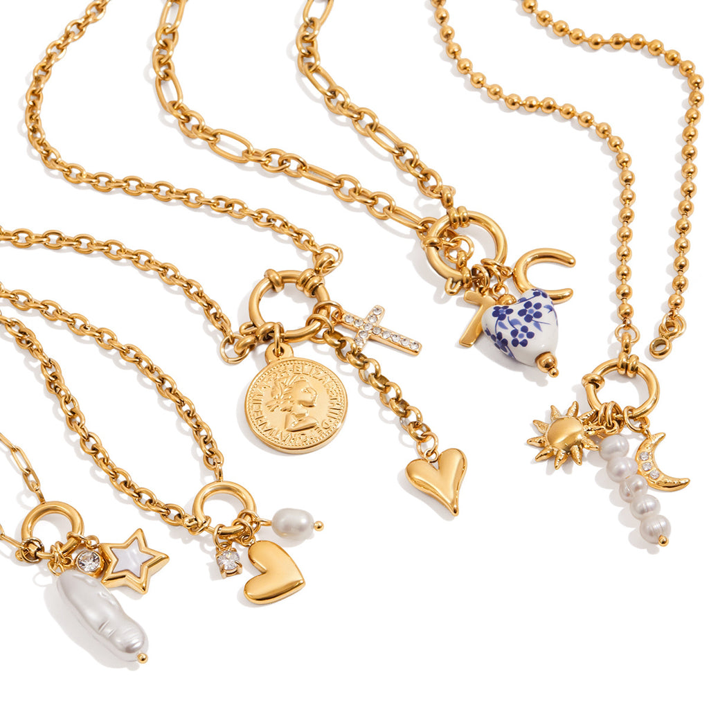 Gold-tone stainless steel charm necklaces front view