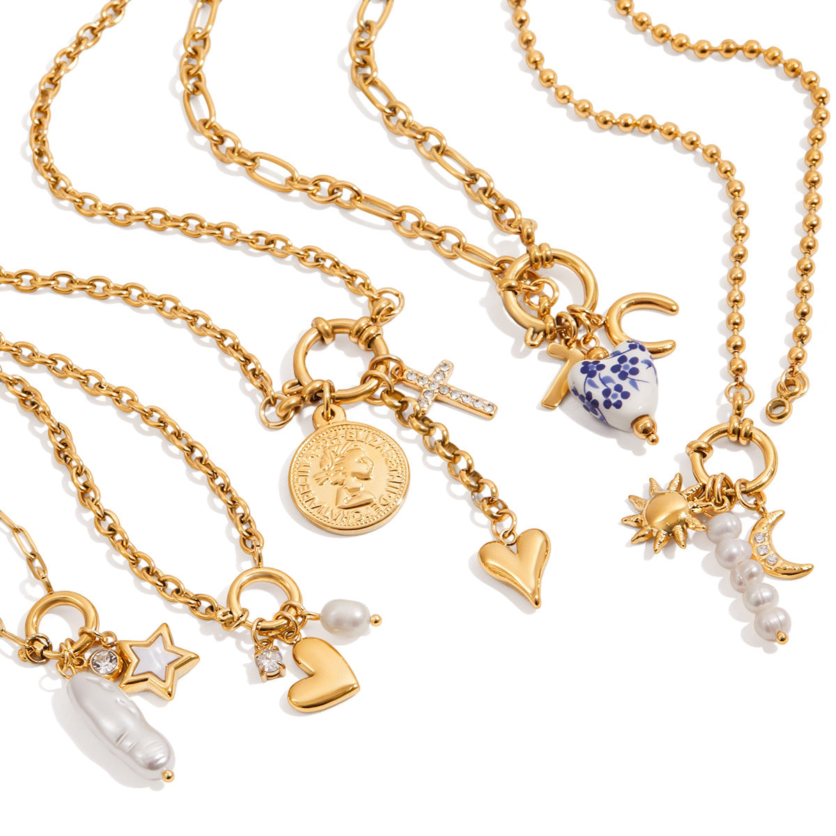 Gold-tone stainless steel charm necklaces front view