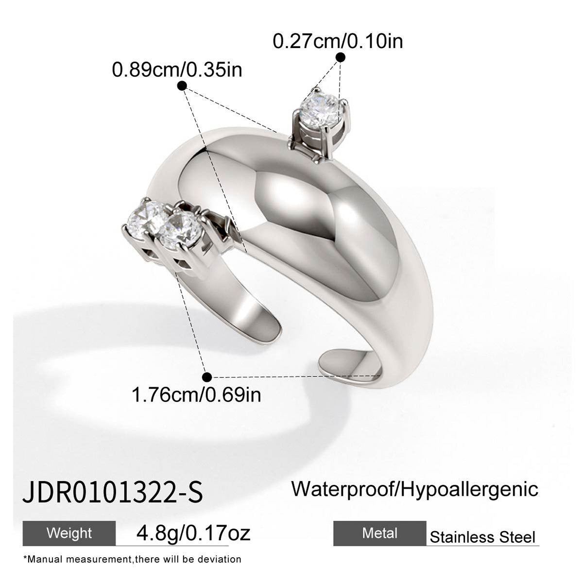 Silver tone stainless steel dome ring measurement diagram