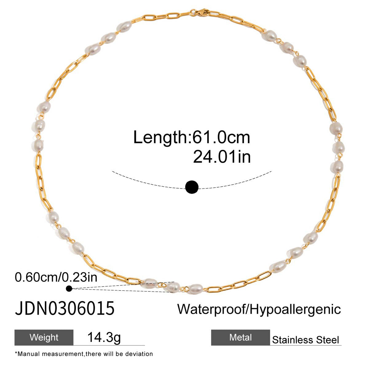 Pearl station necklace 61 cm length and chain width measurements