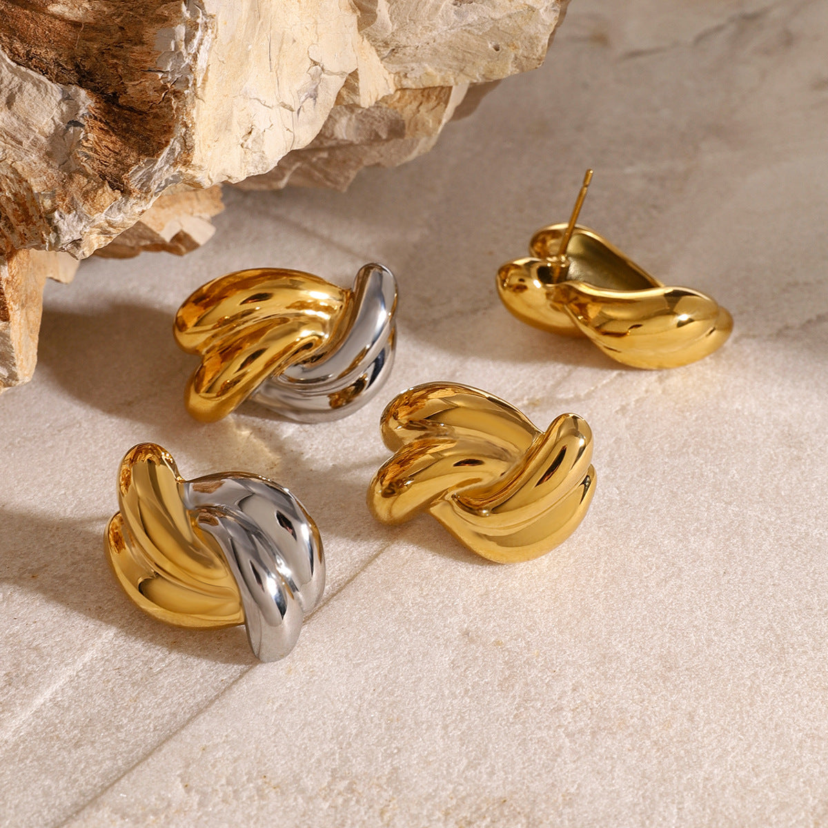 Sculptural Twisted Stainless Steel Stud Earrings in Two Finishes – product view 2