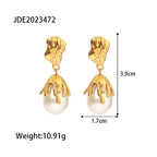 White glass bead drop earrings with length and width measurements