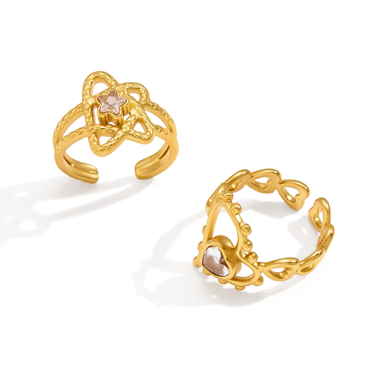 Clear accent heart and star rings front view