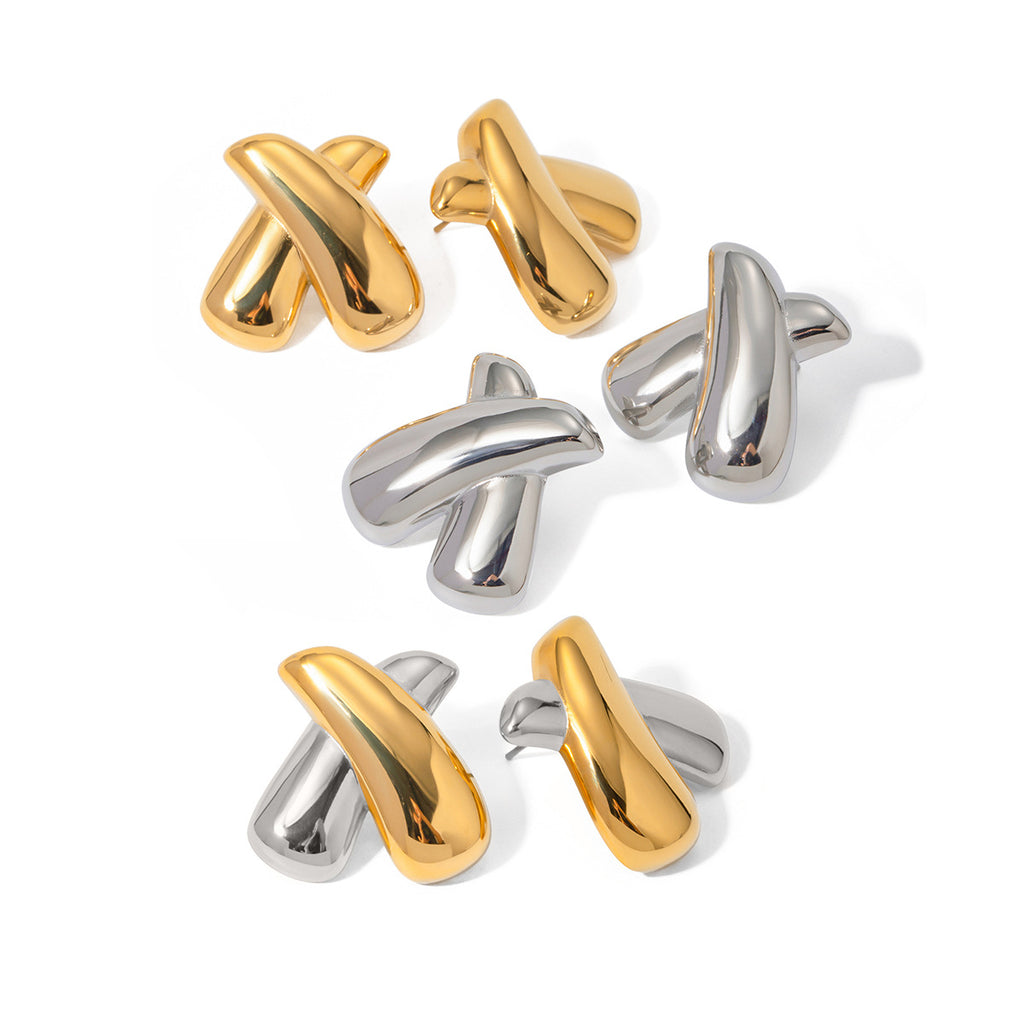 Sculptural X Stainless Steel Stud Earrings in Two Finishes finish and shape detail