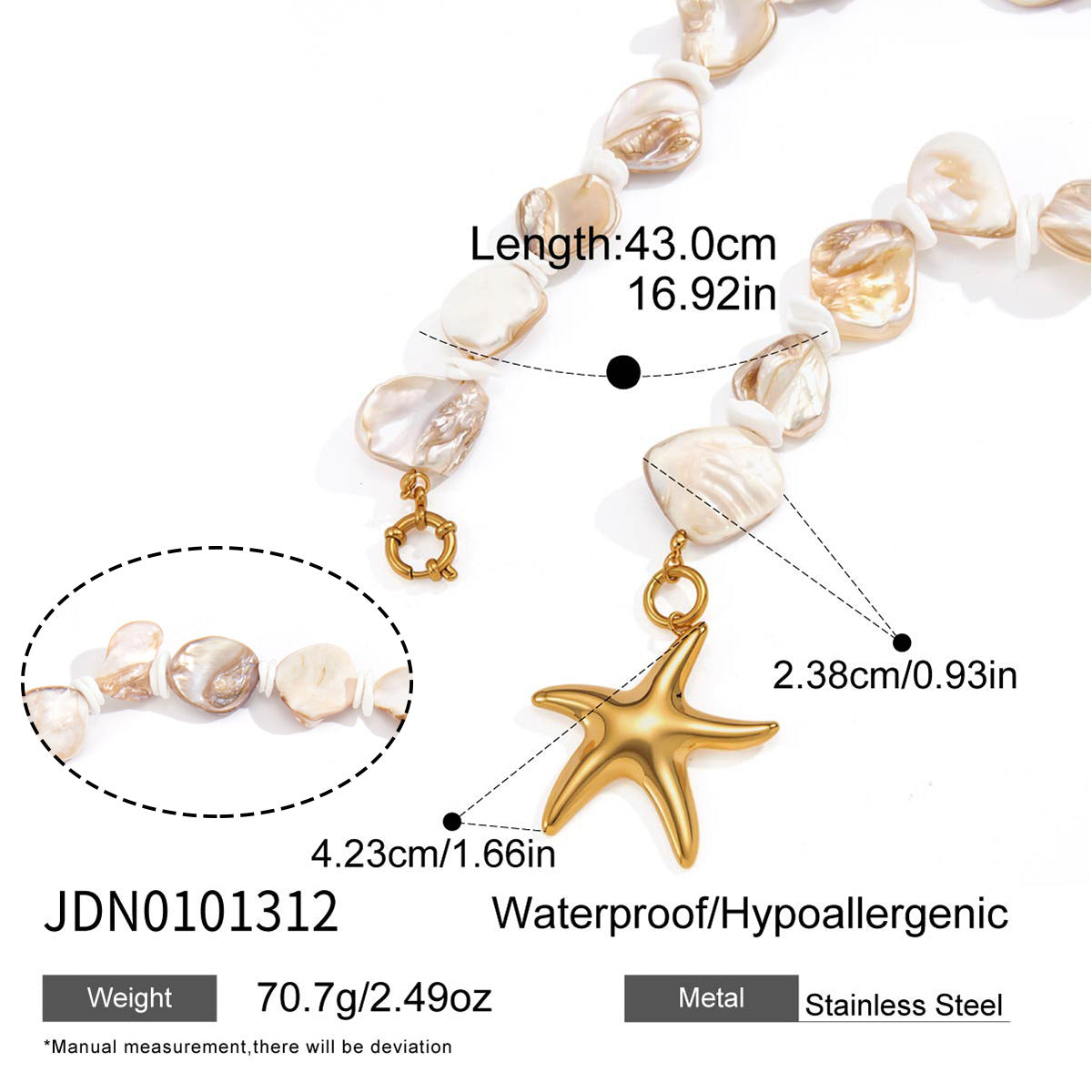Shell bead necklace length starfish pendant and clasp detail