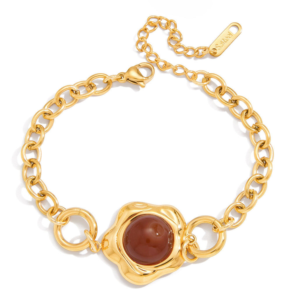 Gold-Tone Agate Cabochon Stainless Steel Statement Bracelet finish and shape detail