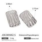 Silver-finish rippled rectangular stud earrings with dimensions