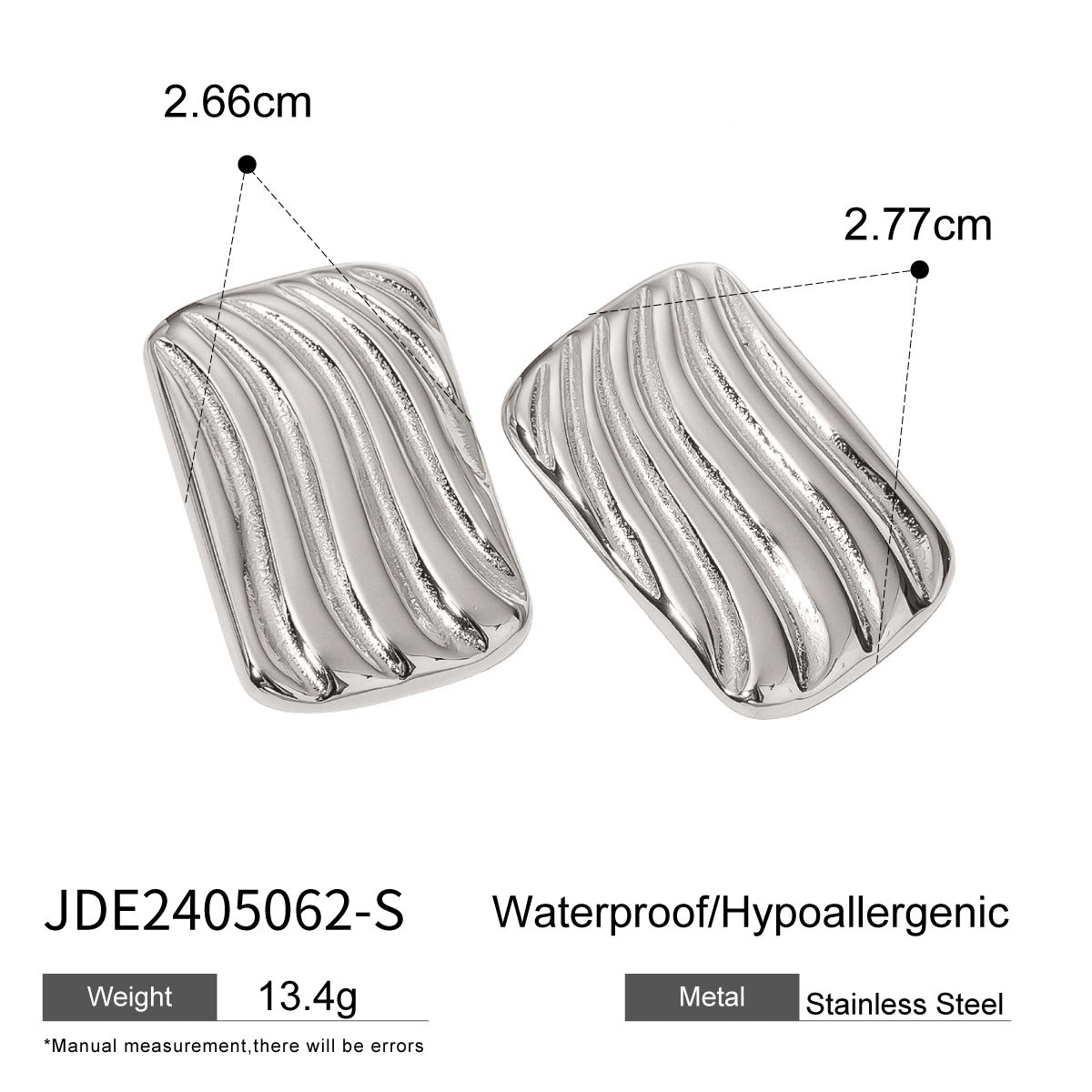 Silver-finish rippled rectangular stud earrings with dimensions