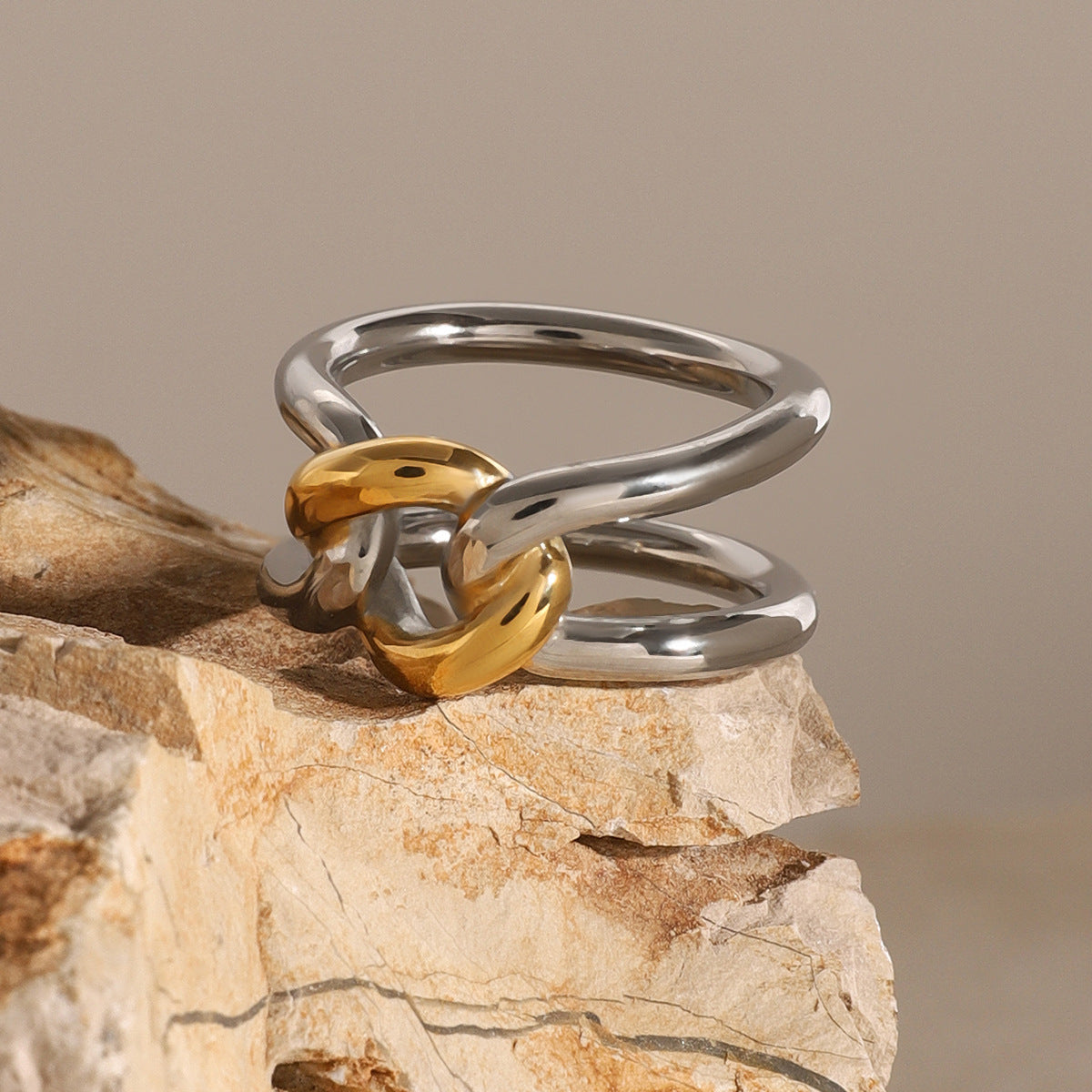 Two-tone double-band link ring on textured stone