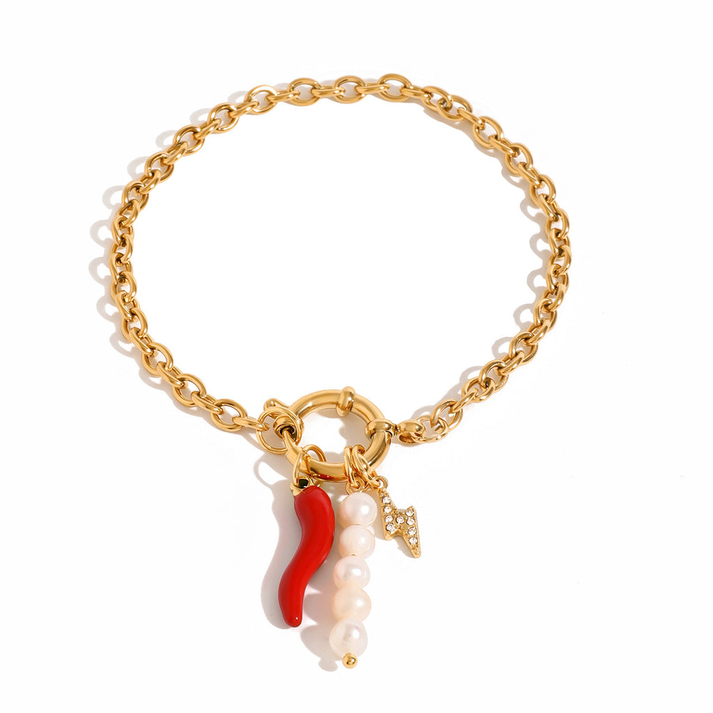 Gold Plated Red Chili Charm Stainless Steel Chain Bracelet finish and shape detail