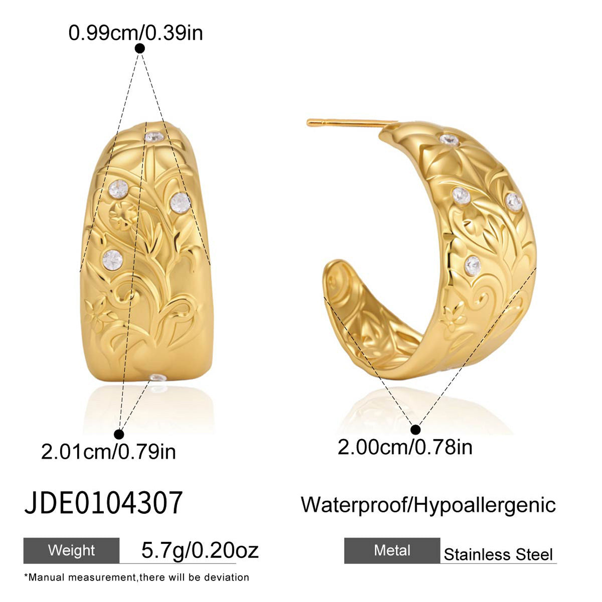 Stone accent scroll hoops with dimensions
