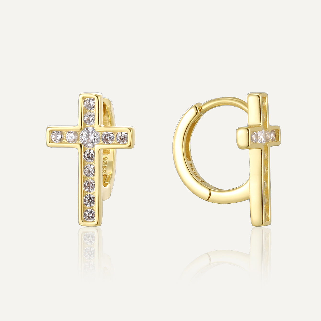 gold plated 925 sterling silver pavé cross huggie hoop earrings — product image 1 of 9